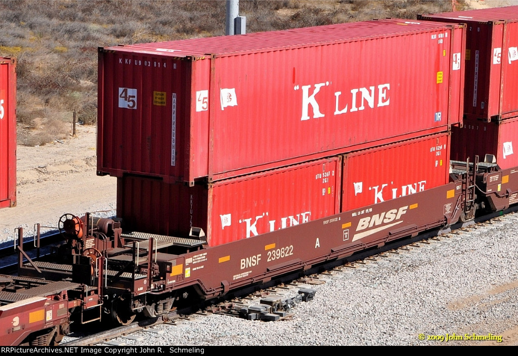 BNSF 239822-A with "K" Line container load at West Colton CA.  10/31/2009